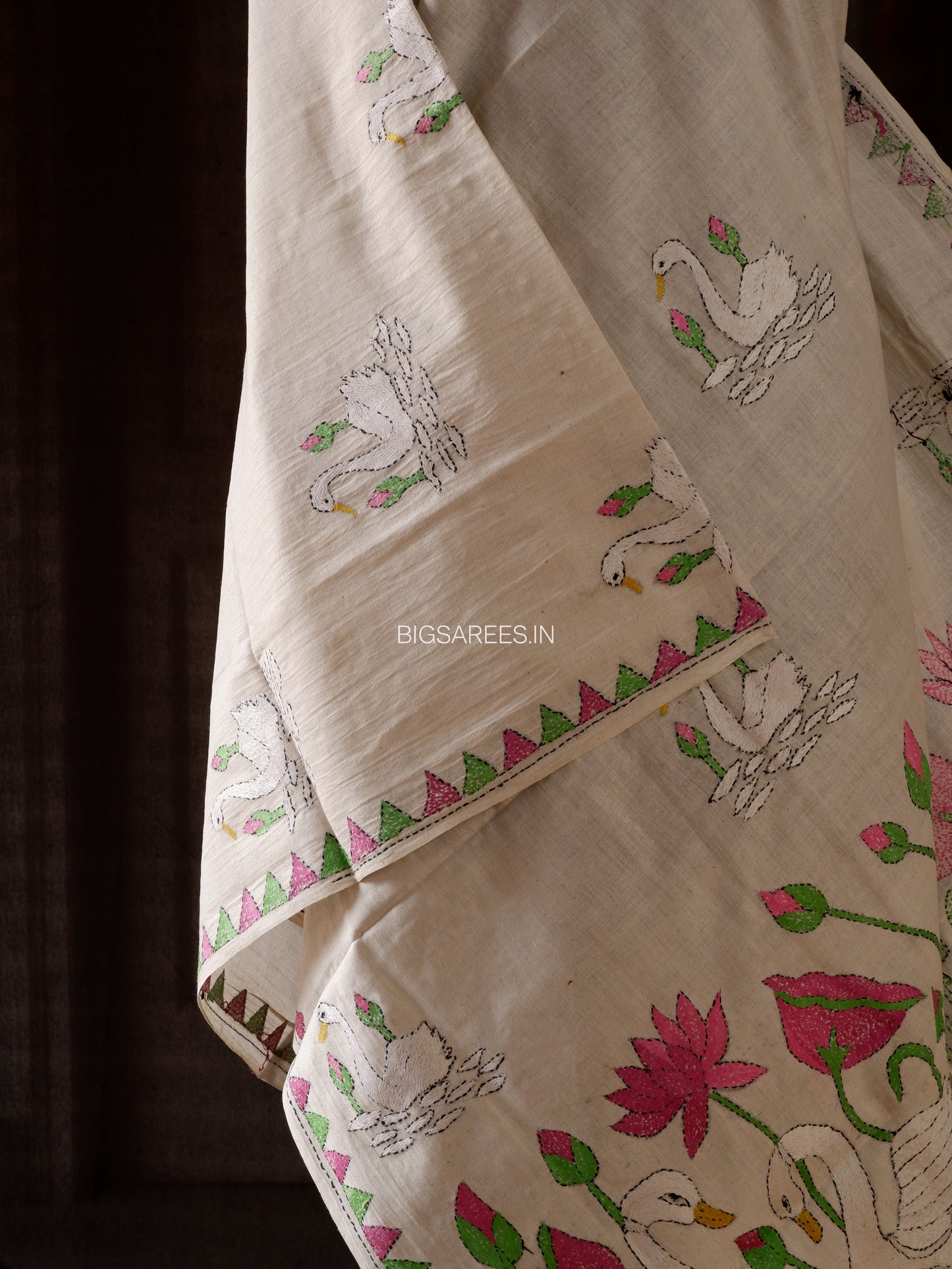 Hand-Embroidered Kantha Stitch Dupatta | Khadi Cotton | White | 36"|