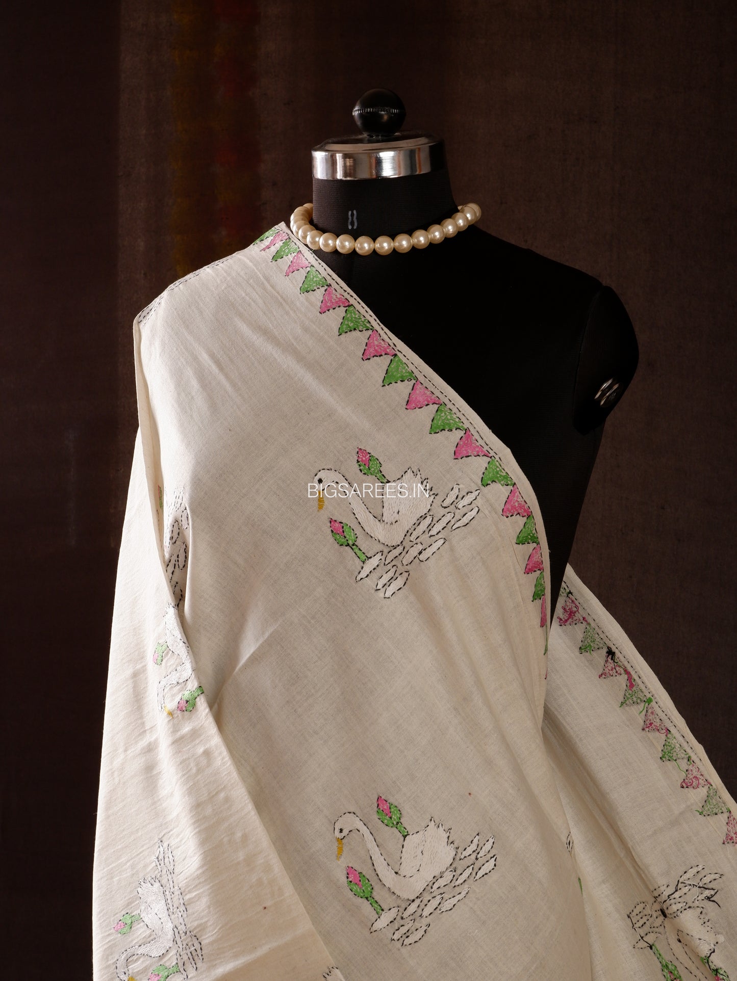 Hand-Embroidered Kantha Stitch Dupatta | Khadi Cotton | White | 36"|