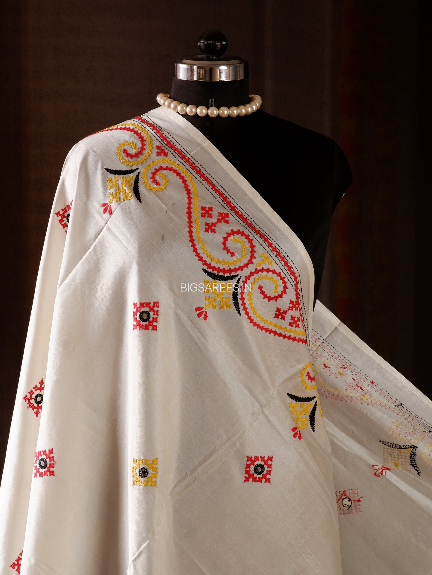 Kutchi Work Dupatta | Blended Banglore Silk Dupatta | White