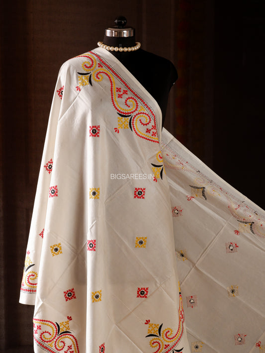 Kutchi Work Dupatta | Blended Banglore Silk Dupatta | White