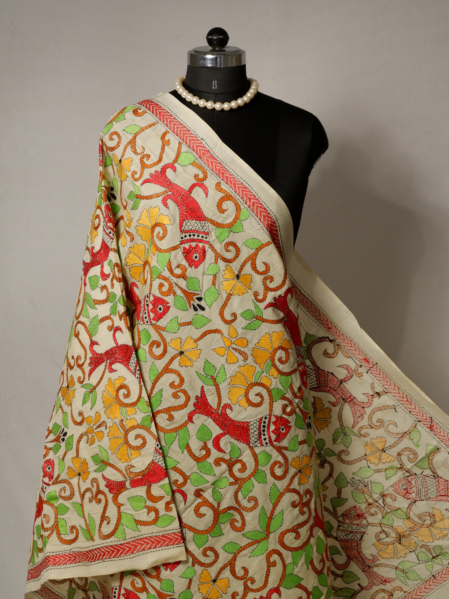 Kantha Hand-Embroidered Dupatta | Semi Tussar Silk | Full Work | Off-White