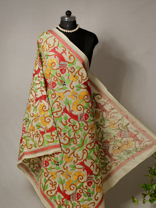 Kantha Hand-Embroidered Dupatta | Semi Tussar Silk | Full Work | Off-White