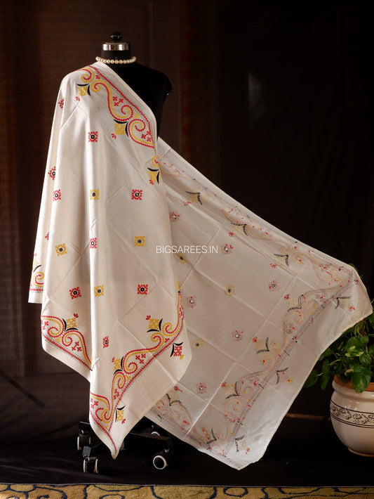 Kutchi Work Dupatta | Blended Banglore Silk Dupatta | White