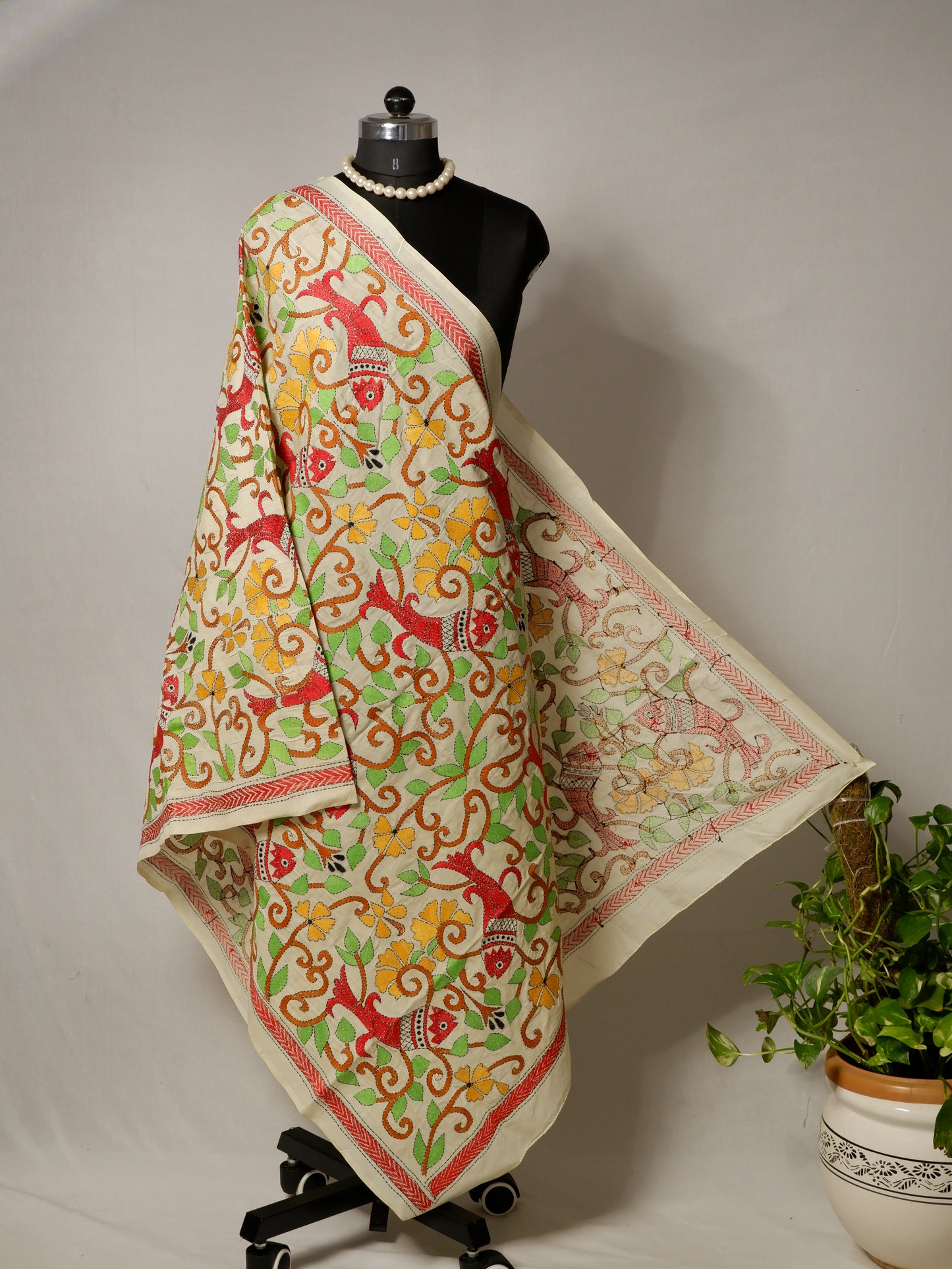Kantha Hand-Embroidered Dupatta | Semi Tussar Silk | Full Work | Off-White