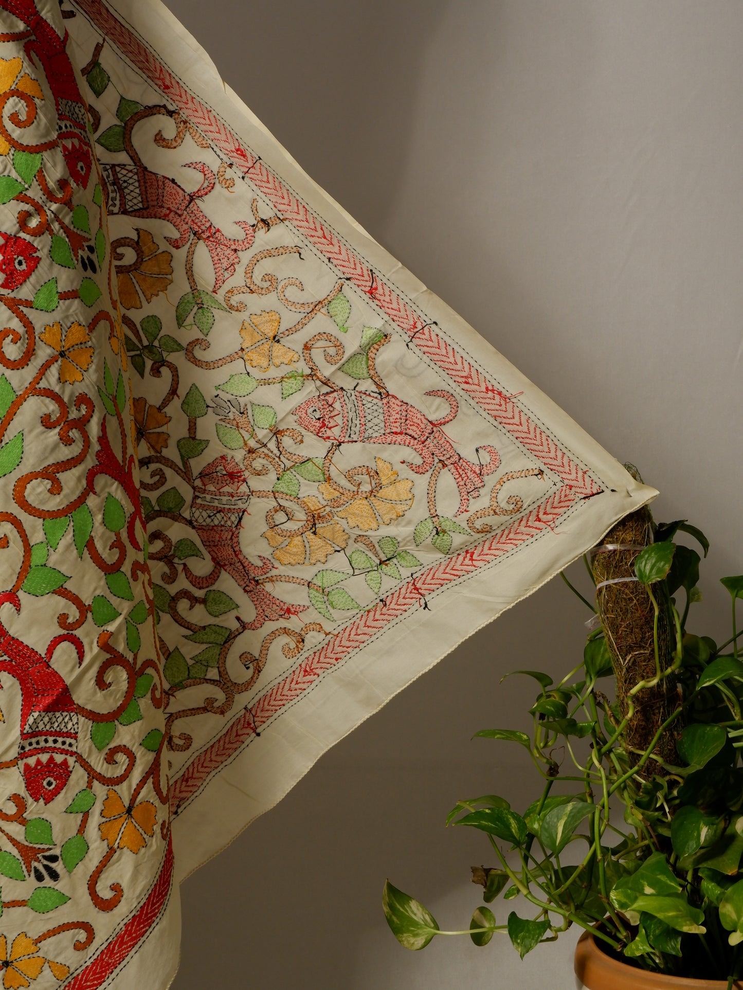Kantha Hand-Embroidered Dupatta | Semi Tussar Silk | Full Work | Off-White