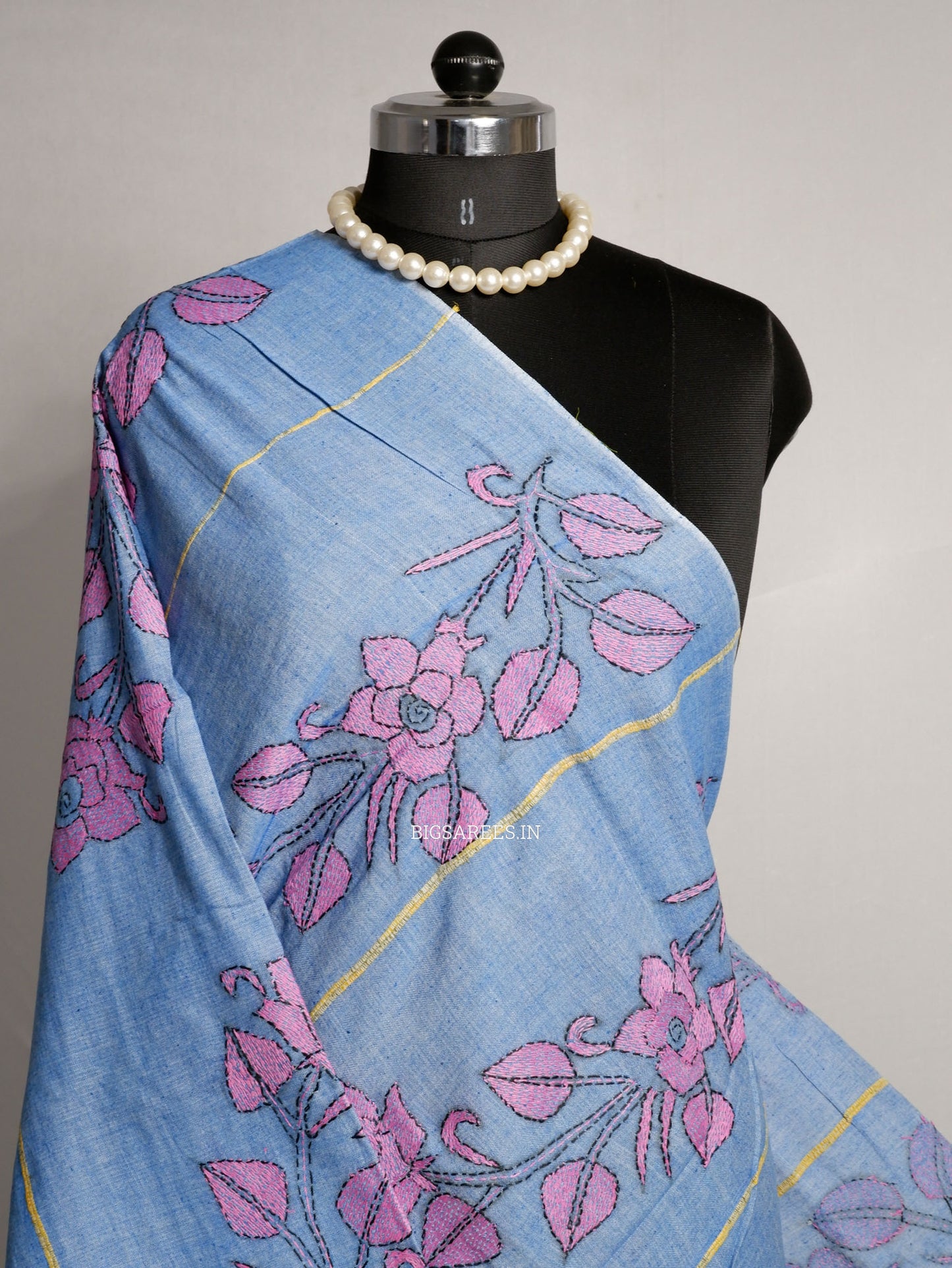 Hand-Embroidered Kantha - Stitch Dupatta | Pure Khesh Cotton | Blue