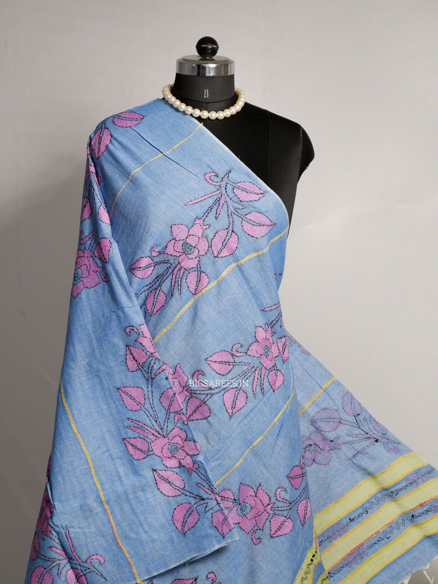 Hand-Embroidered Kantha - Stitch Dupatta | Pure Khesh Cotton | Blue