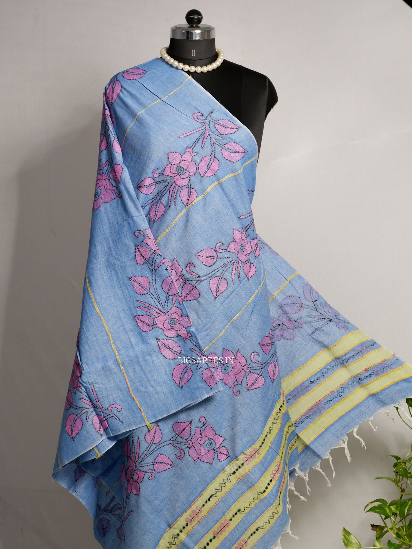 Hand-Embroidered Kantha - Stitch Dupatta | Pure Khesh Cotton | Blue