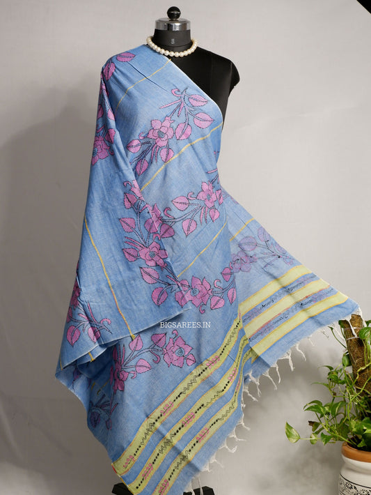 Hand-Embroidered Kantha - Stitch Dupatta | Pure Khesh Cotton | Blue