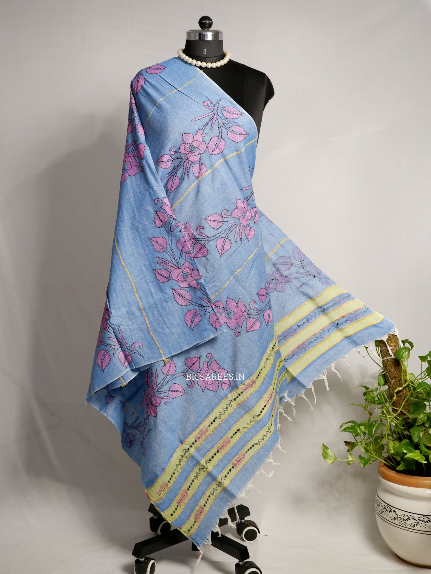 Hand-Embroidered Kantha - Stitch Dupatta | Pure Khesh Cotton | Blue