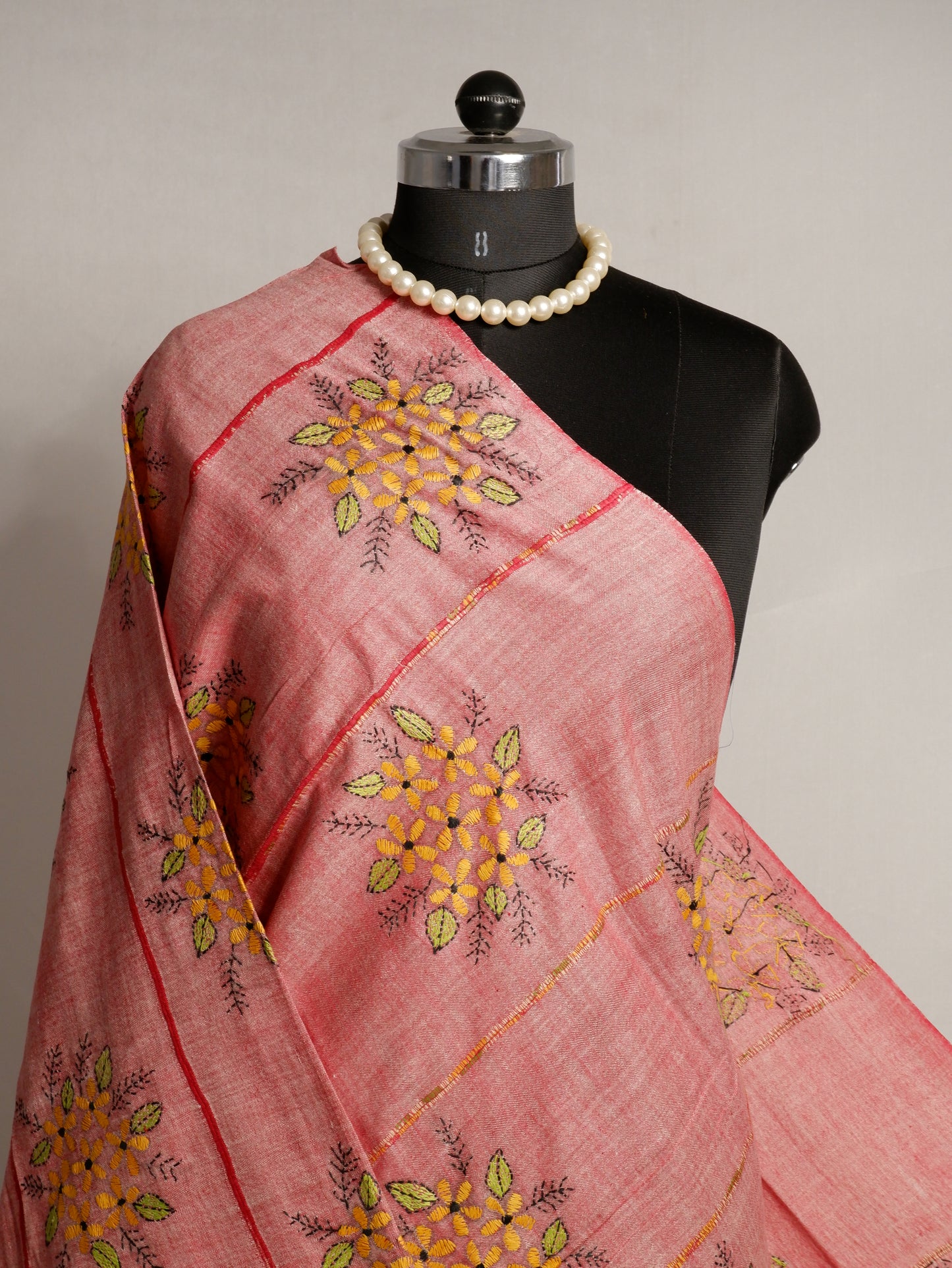 Hand-Embroidered Kantha - Stitch Dupatta | Pure Khesh Cotton | Burnt Pink | 35"