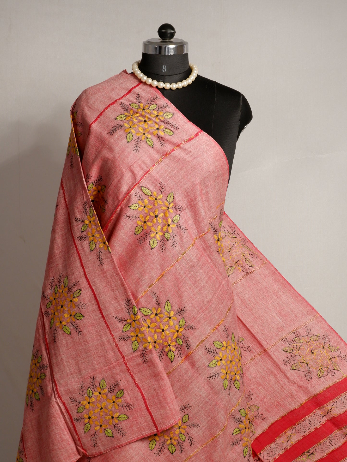 Hand-Embroidered Kantha - Stitch Dupatta | Pure Khesh Cotton | Burnt Pink | 35"