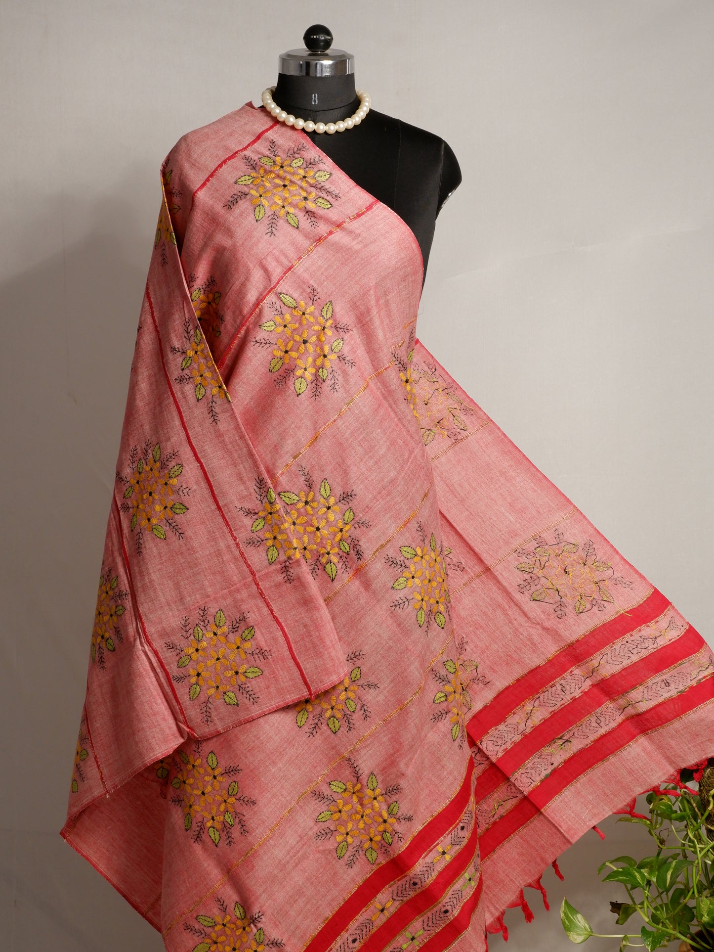 Hand-Embroidered Kantha - Stitch Dupatta | Pure Khesh Cotton | Burnt Pink | 35"
