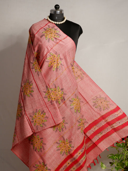 Hand-Embroidered Kantha - Stitch Dupatta | Pure Khesh Cotton | Burnt Pink | 35"