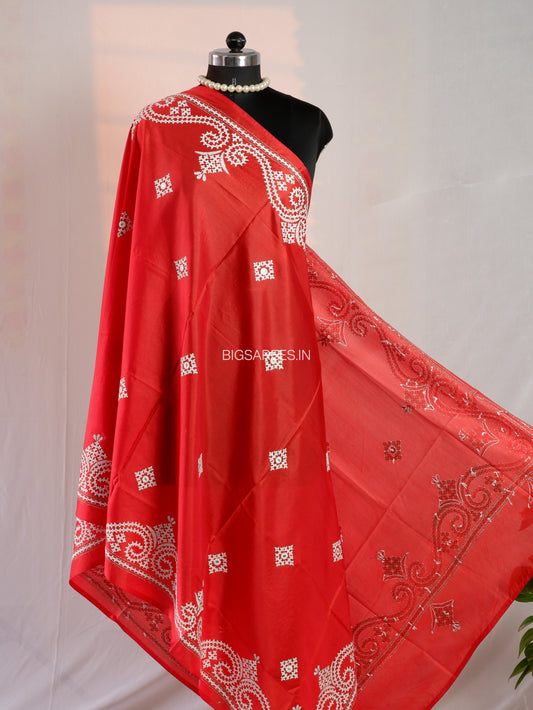 Kutchi Work Dupatta | Blended Banglore Silk Dupatta | Red