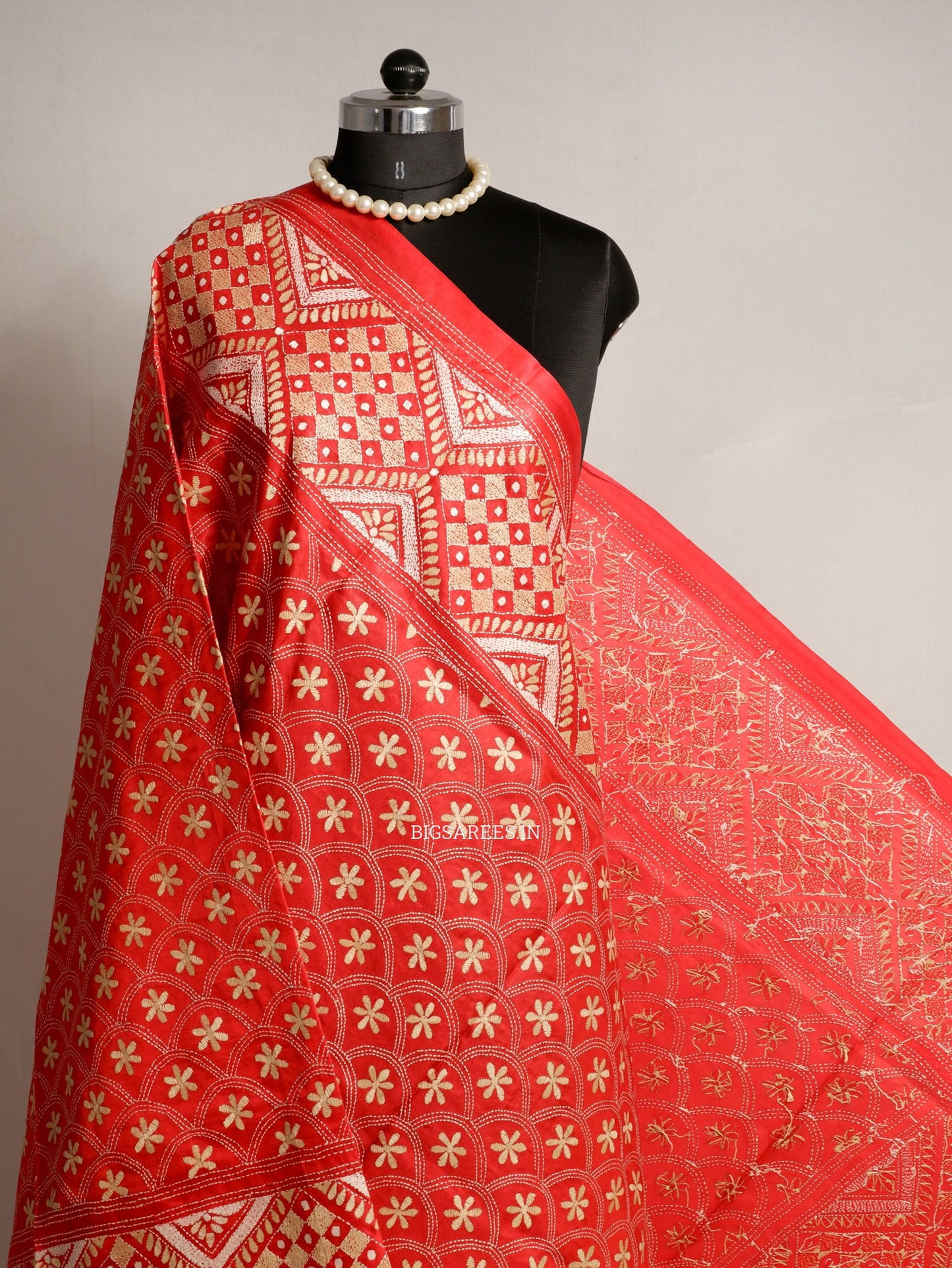 Kantha Hand-Embroidered Dupatta | Pure Bangalore Silk | Full Work | Silk Marked | Red