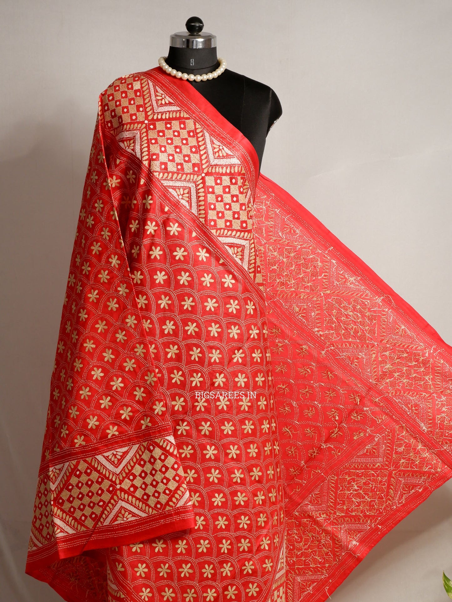 Kantha Hand-Embroidered Dupatta | Pure Bangalore Silk | Full Work | Silk Marked | Red