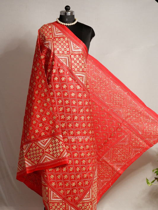 Kantha Hand-Embroidered Dupatta | Pure Bangalore Silk | Full Work | Silk Marked | Red
