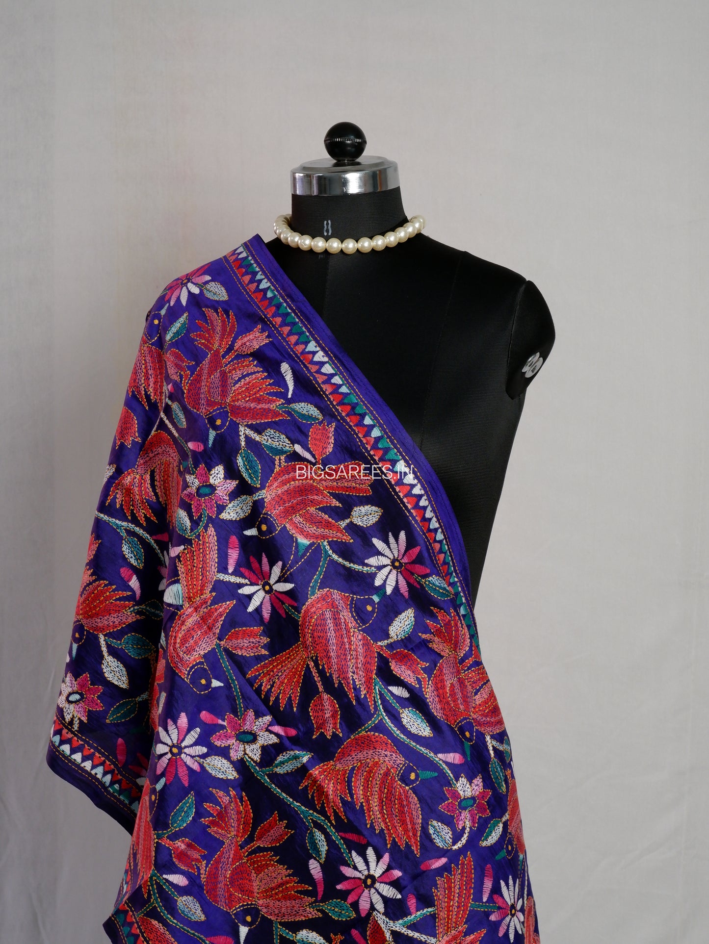 Kantha Pure Silk Stole | Dark Blue  | 22" |