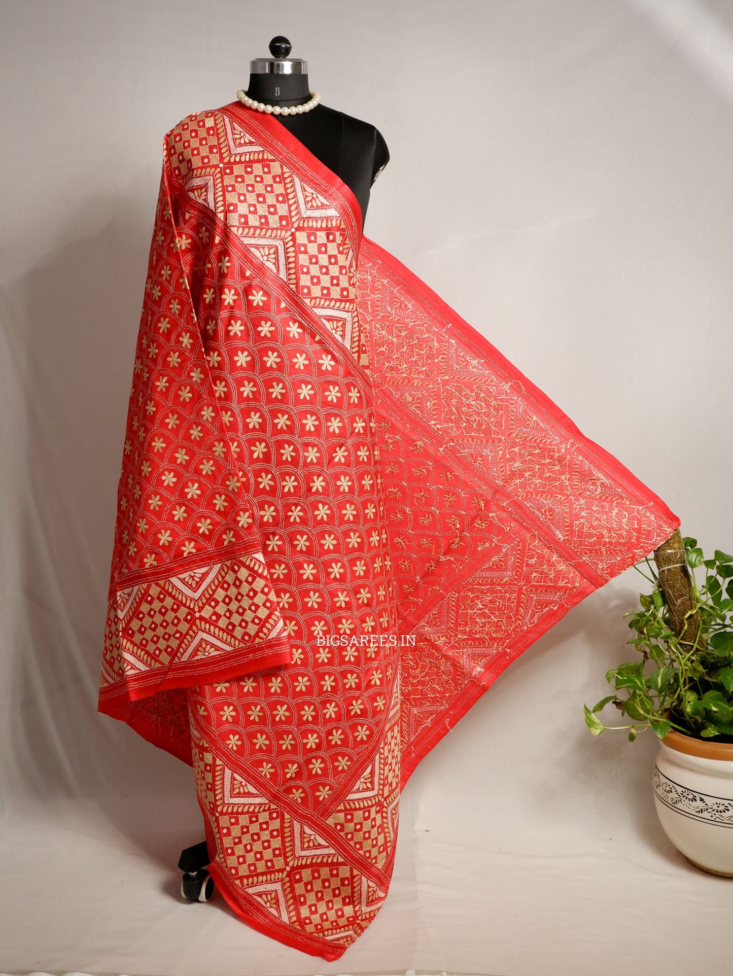 Kantha Hand-Embroidered Dupatta | Pure Bangalore Silk | Full Work | Silk Marked | Red