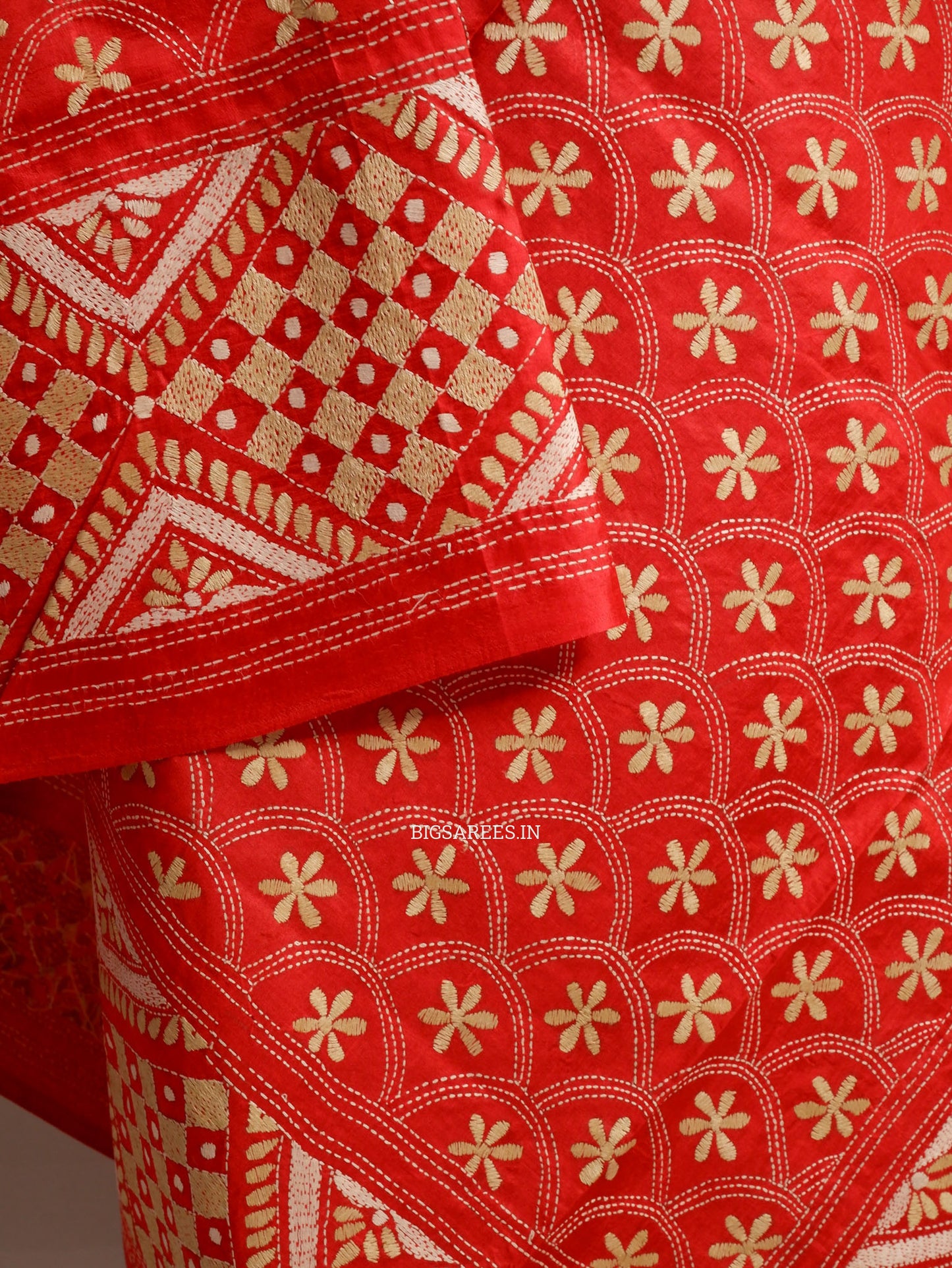 Kantha Hand-Embroidered Dupatta | Pure Bangalore Silk | Full Work | Silk Marked | Red