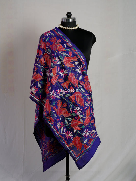 Kantha Pure Silk Stole | Dark Blue  | 22" |