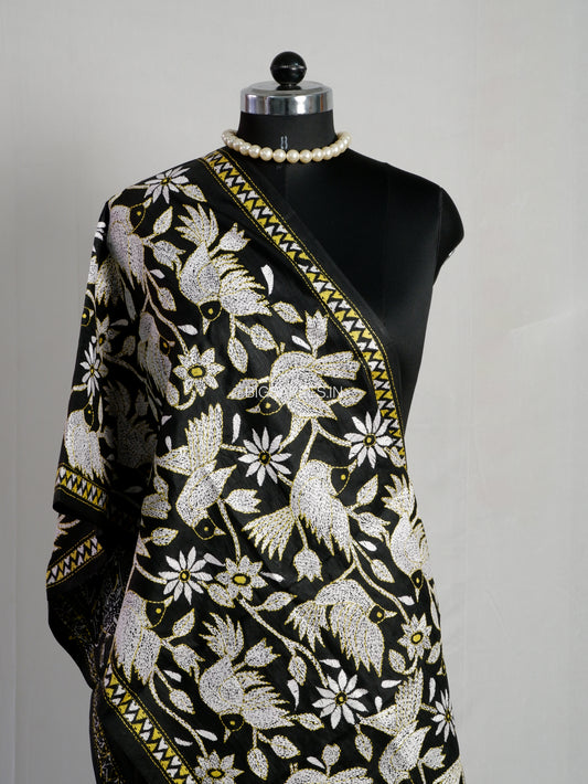 Kantha Pure Silk Stole | Black  | 22" |