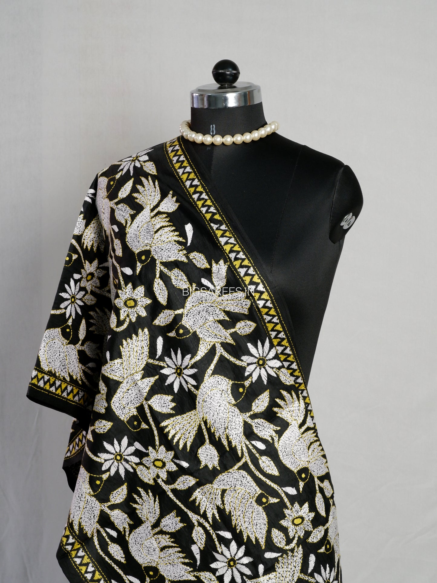 Kantha Pure Silk Stole | Black  | 22" |