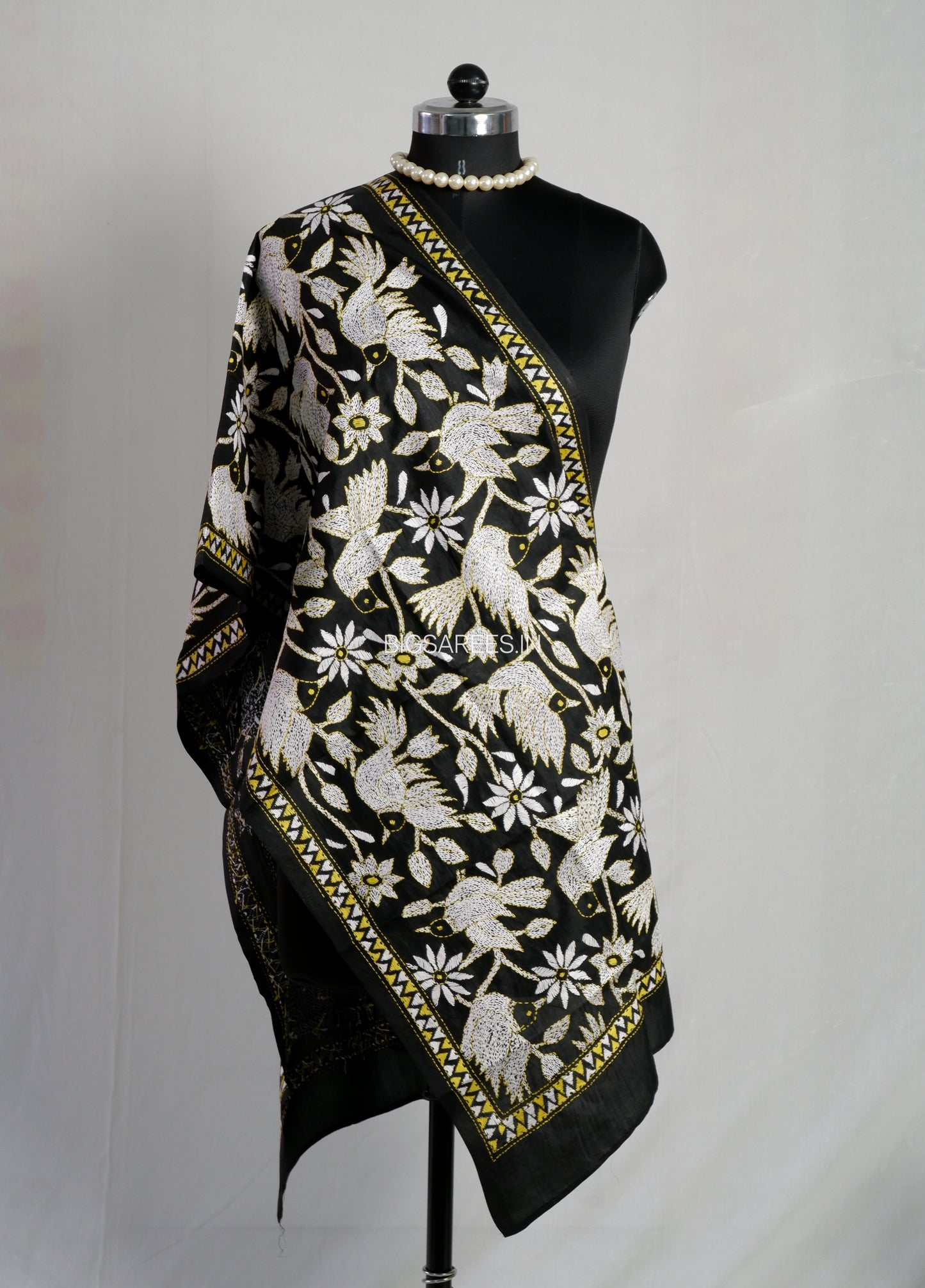 Kantha Pure Silk Stole | Black  | 22" |