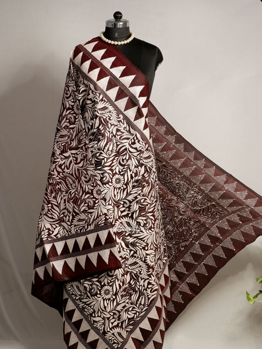 Kantha Hand Embroidered Dupatta Pure Bangalore Silk KNPBSD005-Bangalore Silk