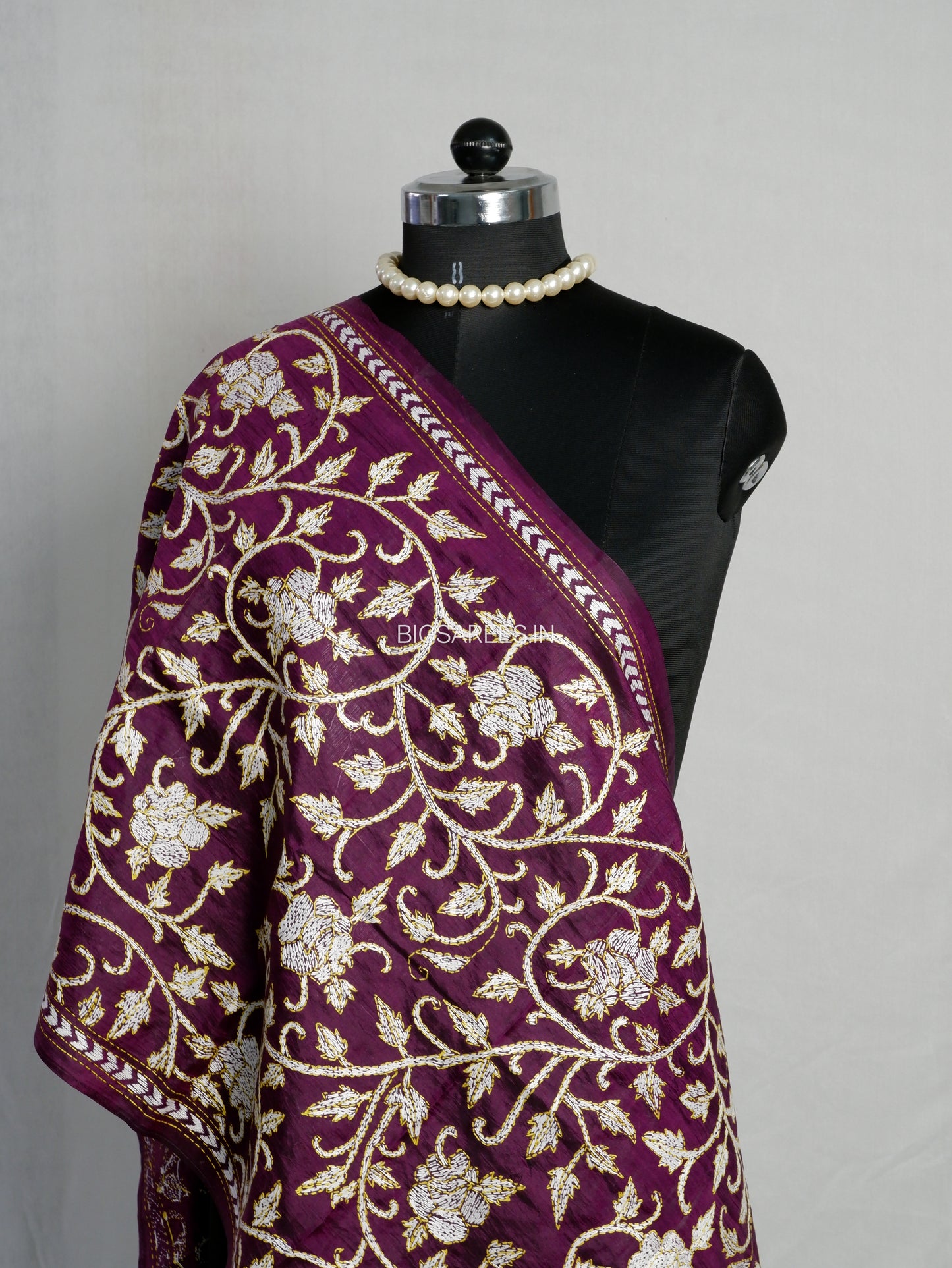 Kantha Pure Silk Stole | Eggplant  | 22" |