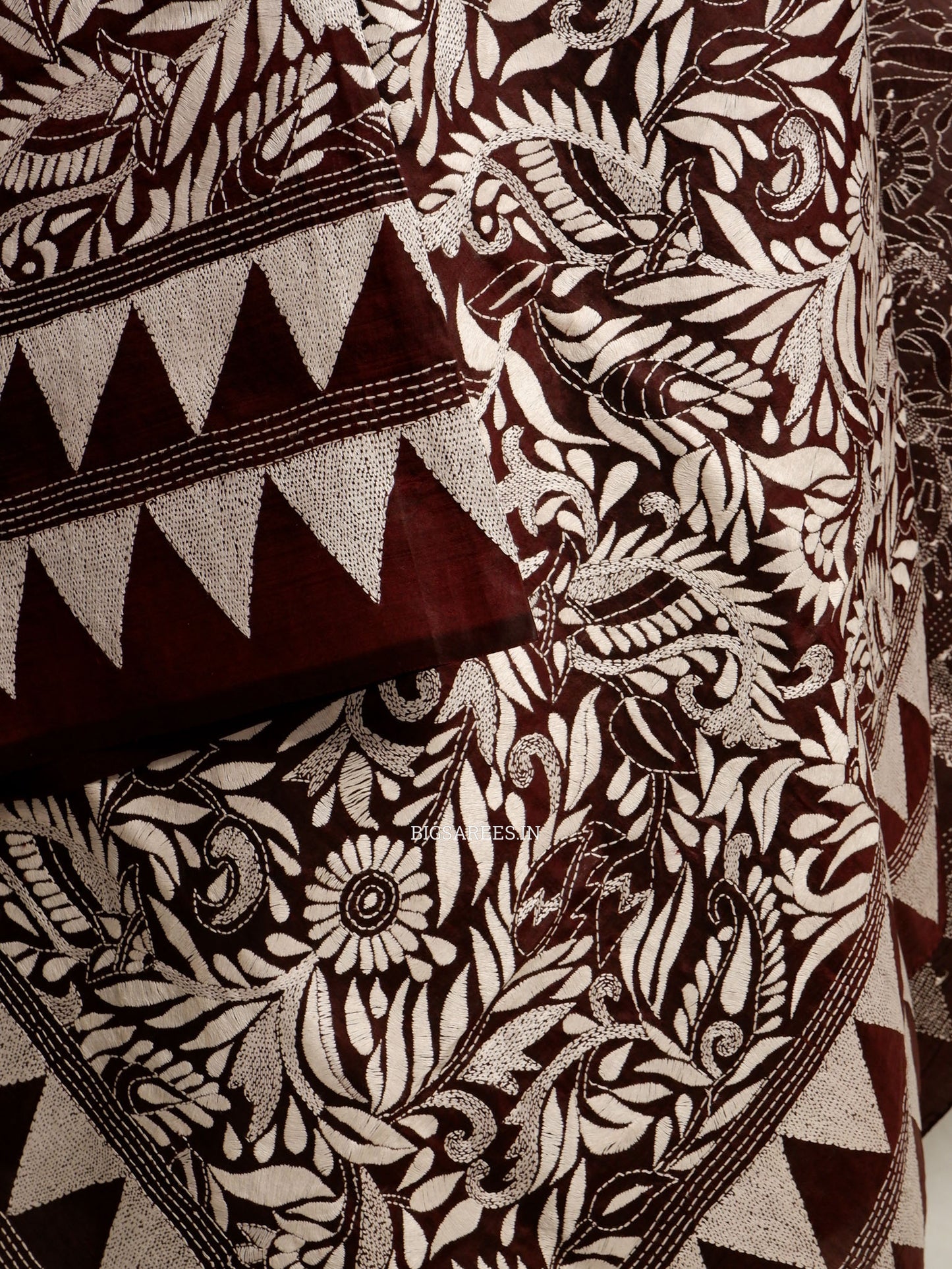 Kantha Hand-Embroidered Dupatta | Pure Bangalore Silk | Full Work | Silk Marked | Brown