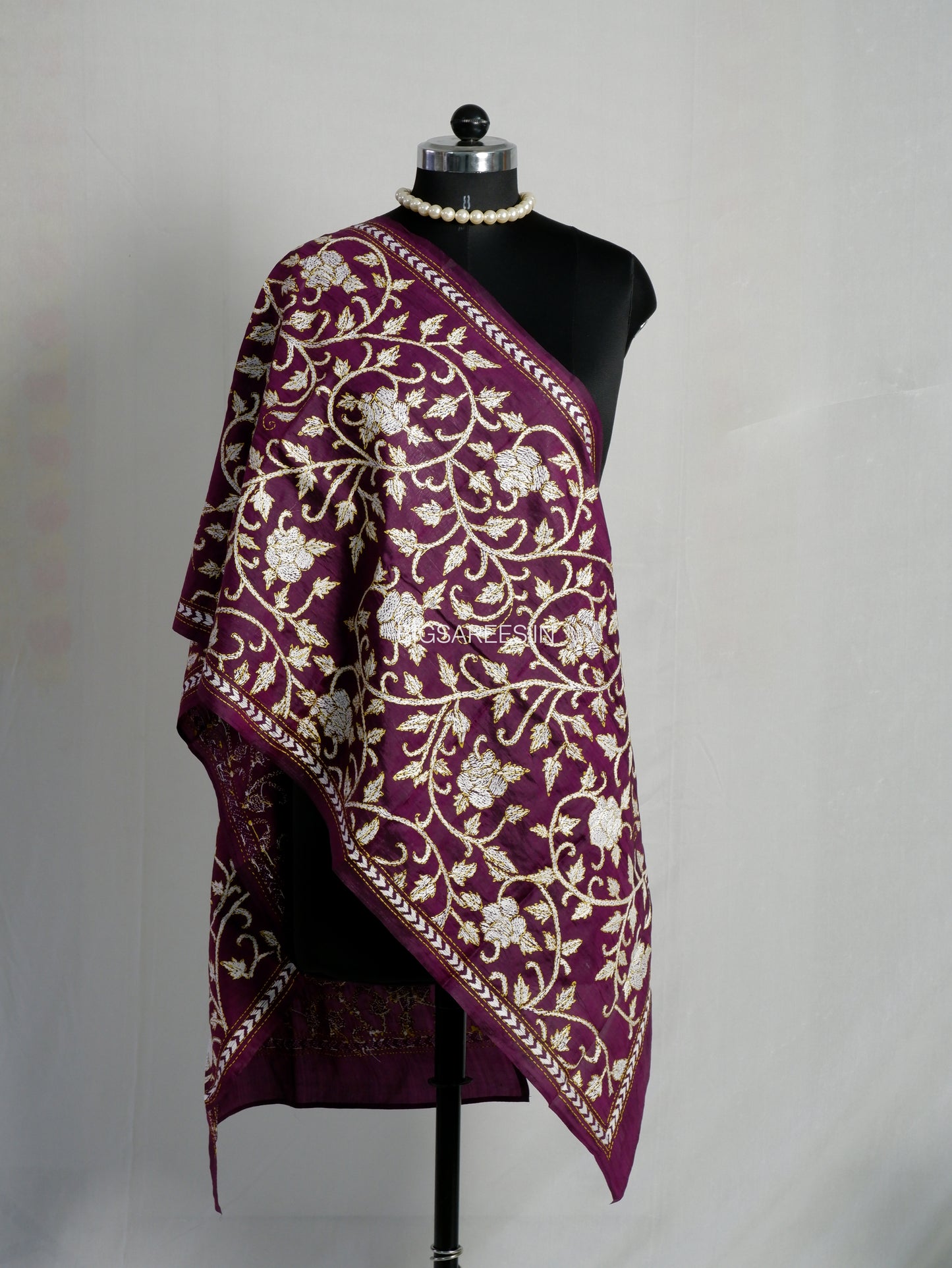 Kantha Pure Silk Stole | Eggplant  | 22" |
