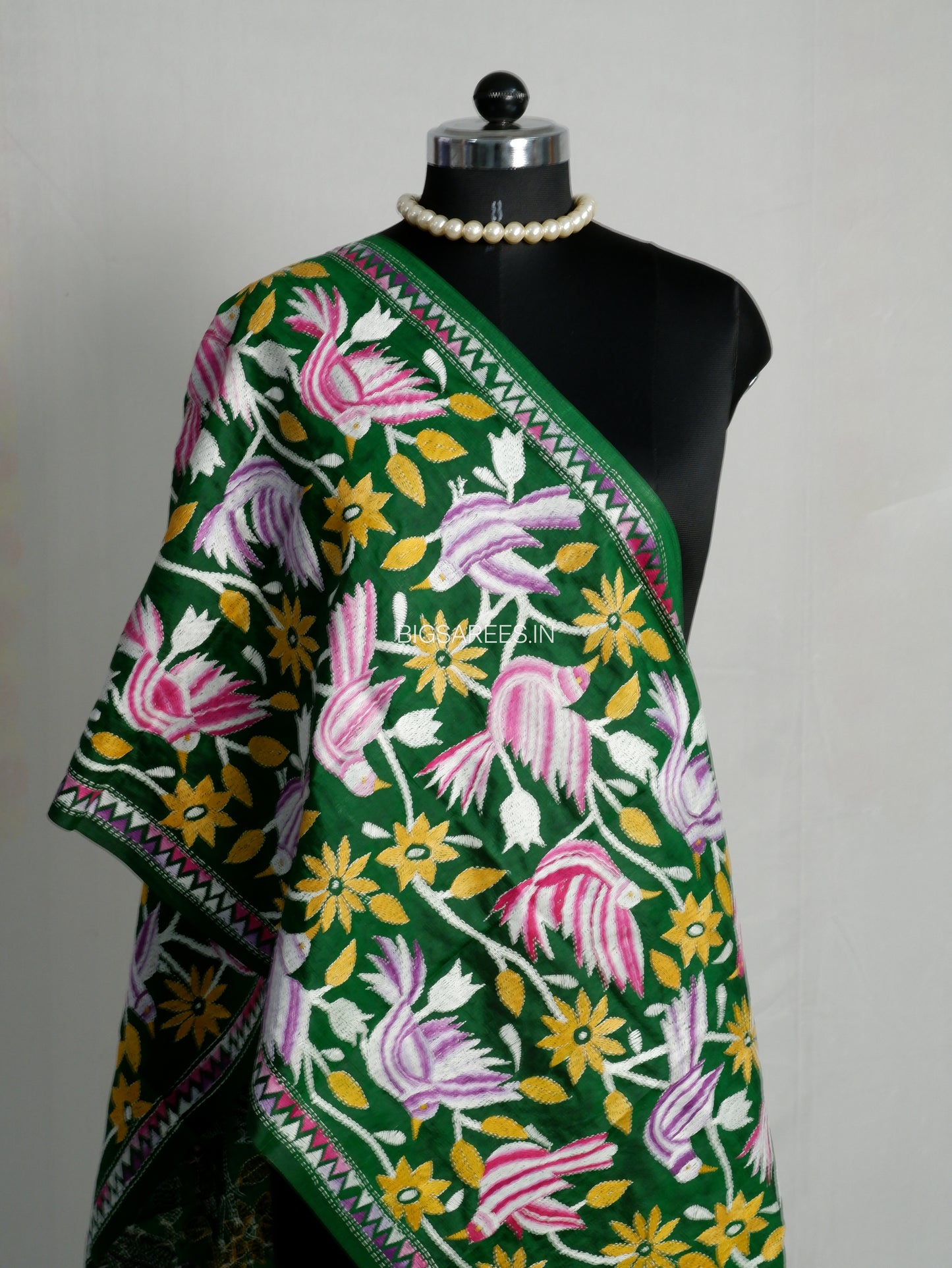 Kantha Pure Silk Stole | Green  | 22" |