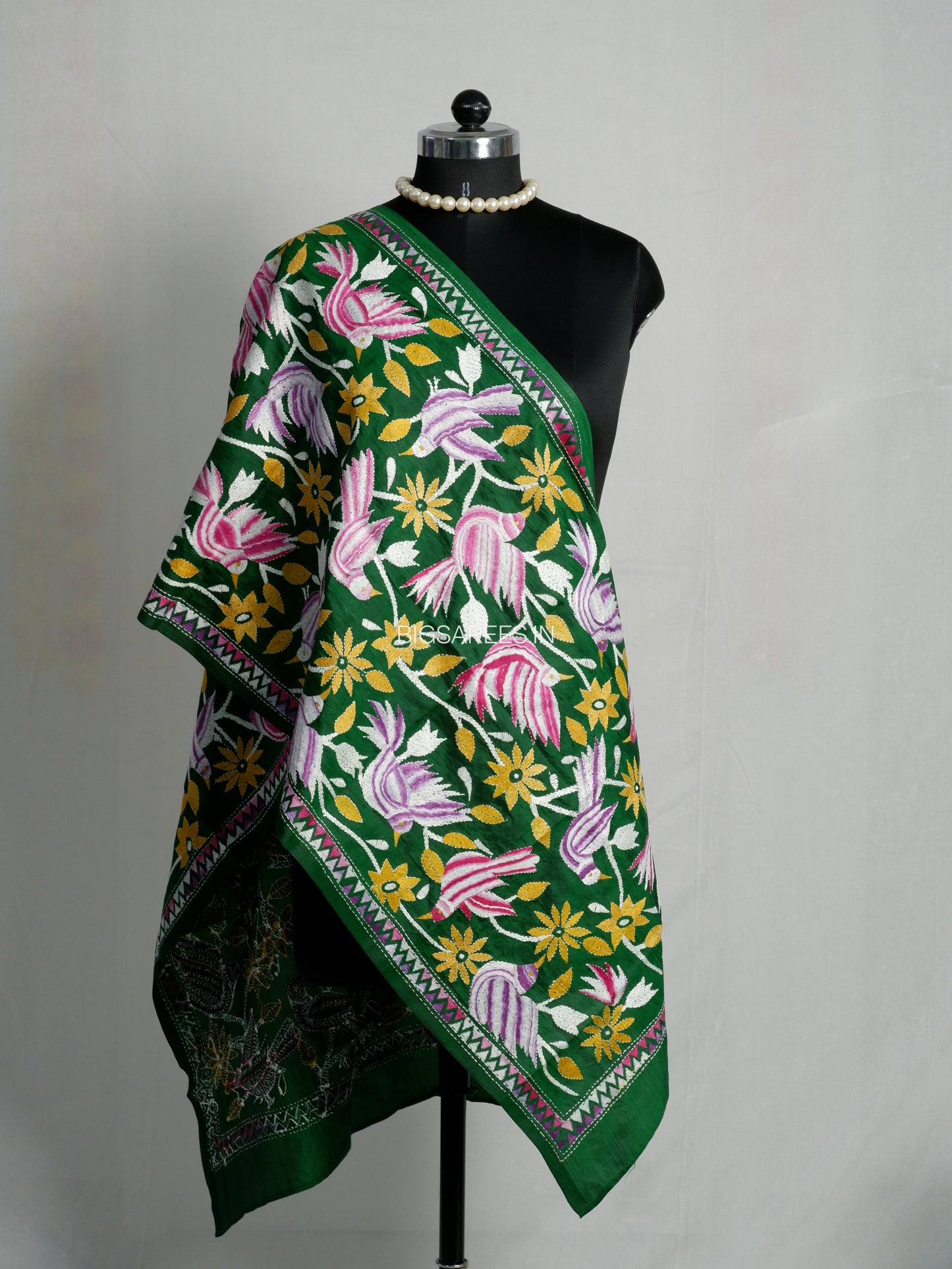 Kantha Pure Silk Stole | Green  | 22" |