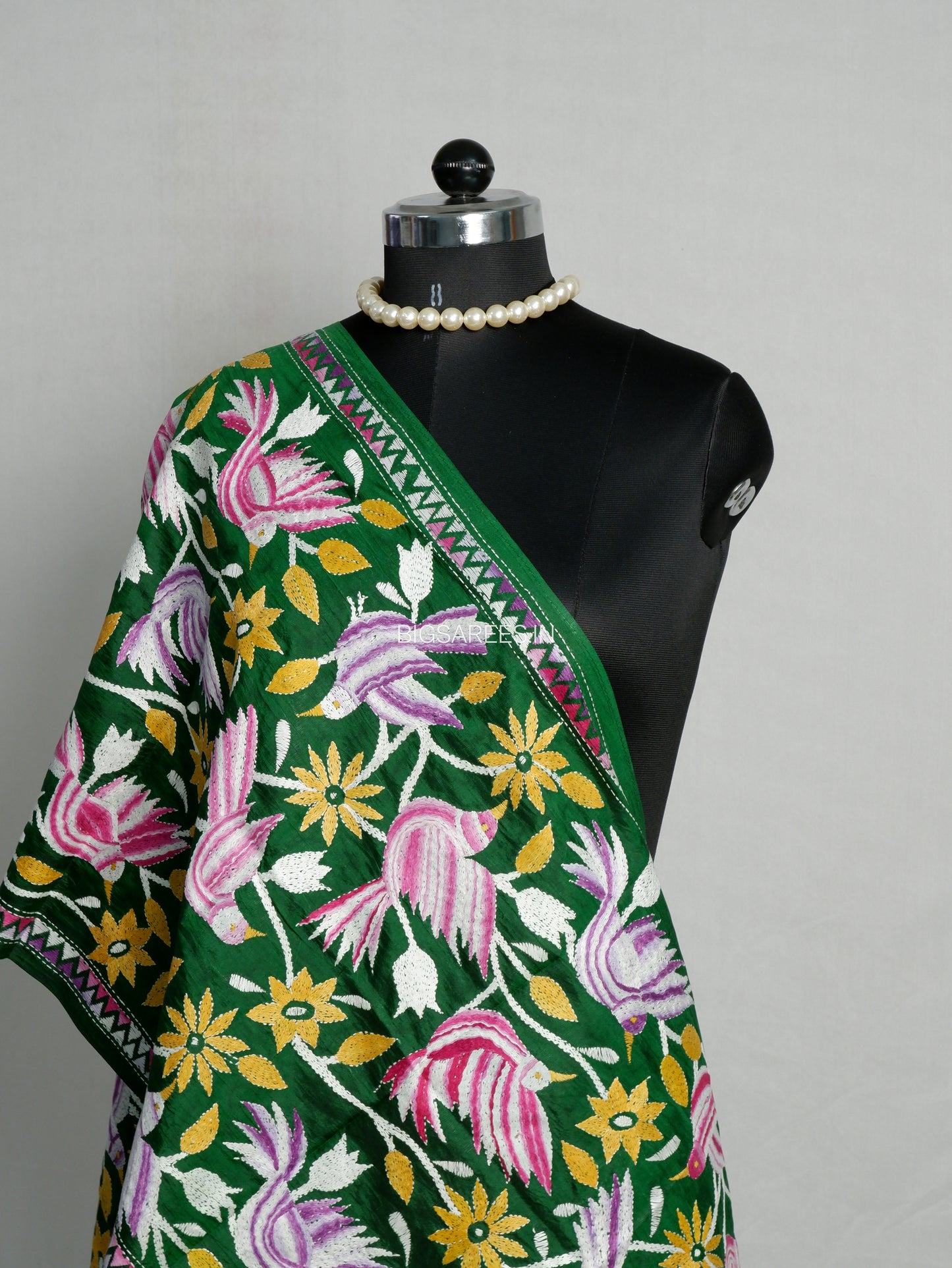 Kantha Pure Silk Stole | Green  | 22" |