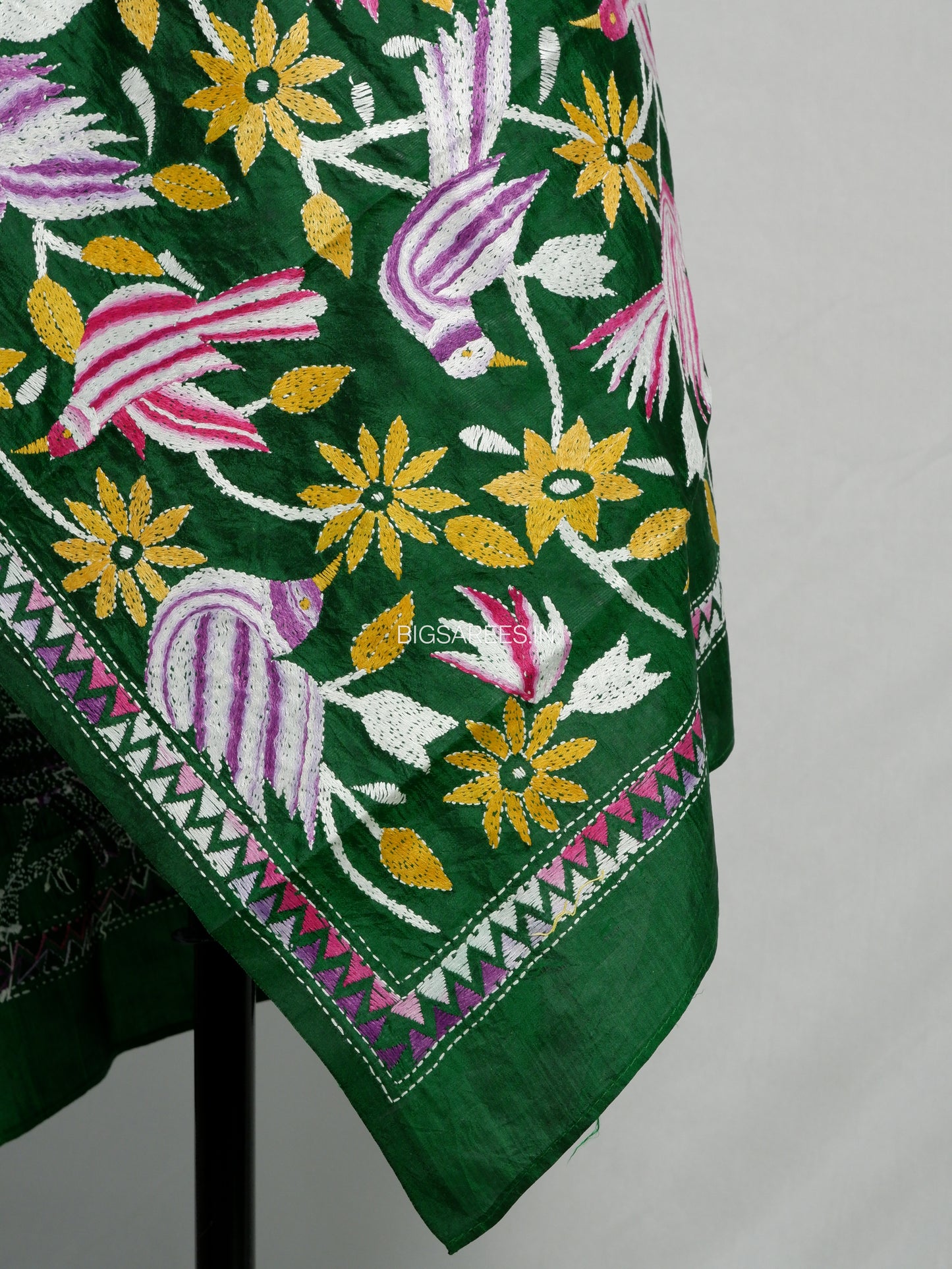 Kantha Pure Silk Stole | Green  | 22" |