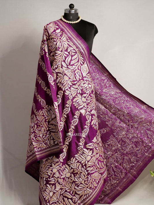 Kantha Hand-Embroidered Dupatta | Pure Bangalore Silk | Full Work | Silk Marked | Purple