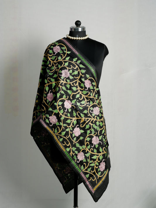 Kantha Pure Silk Stole | Black  | 22" |