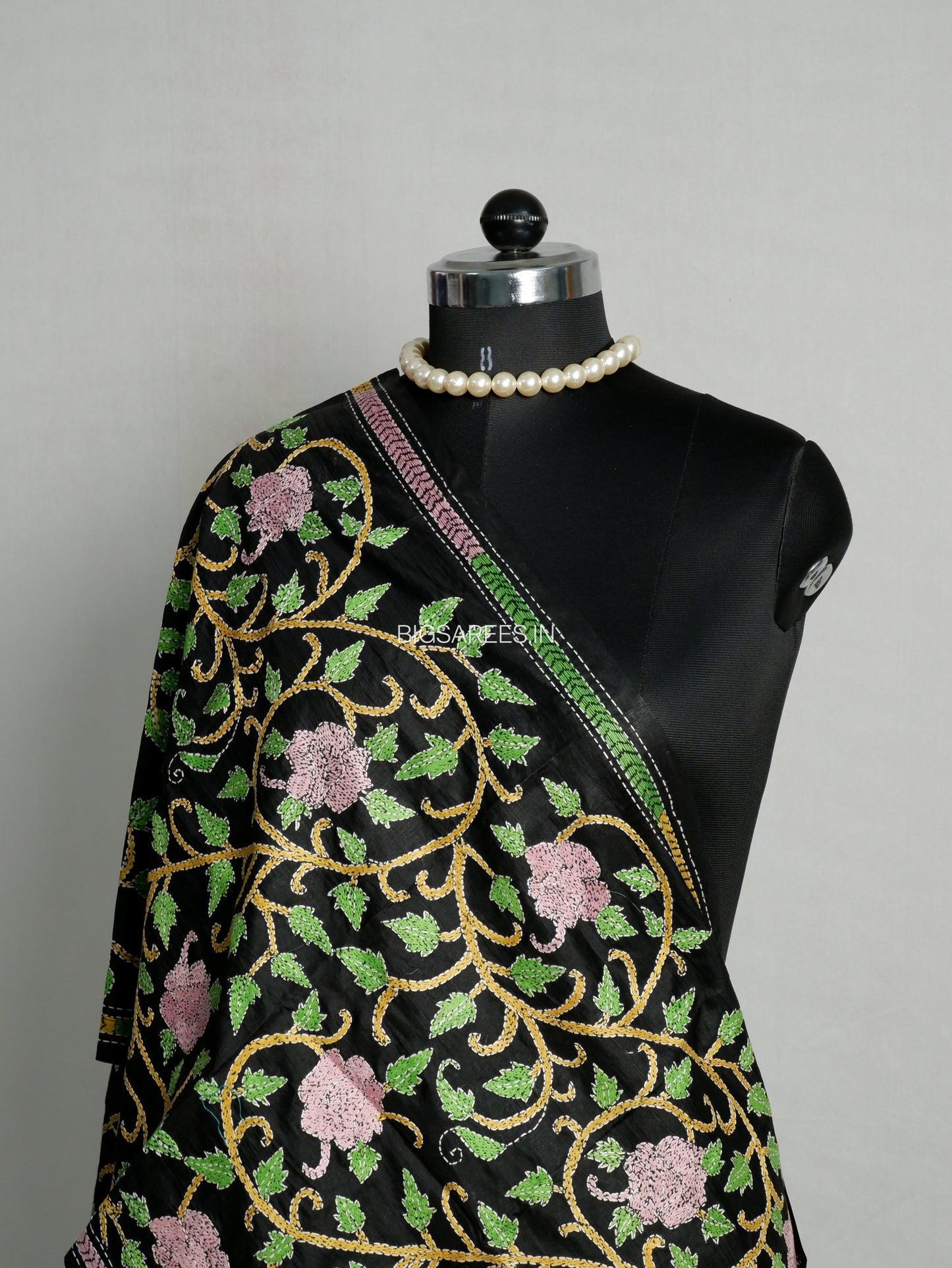 Kantha Pure Silk Stole | Black  | 22" |