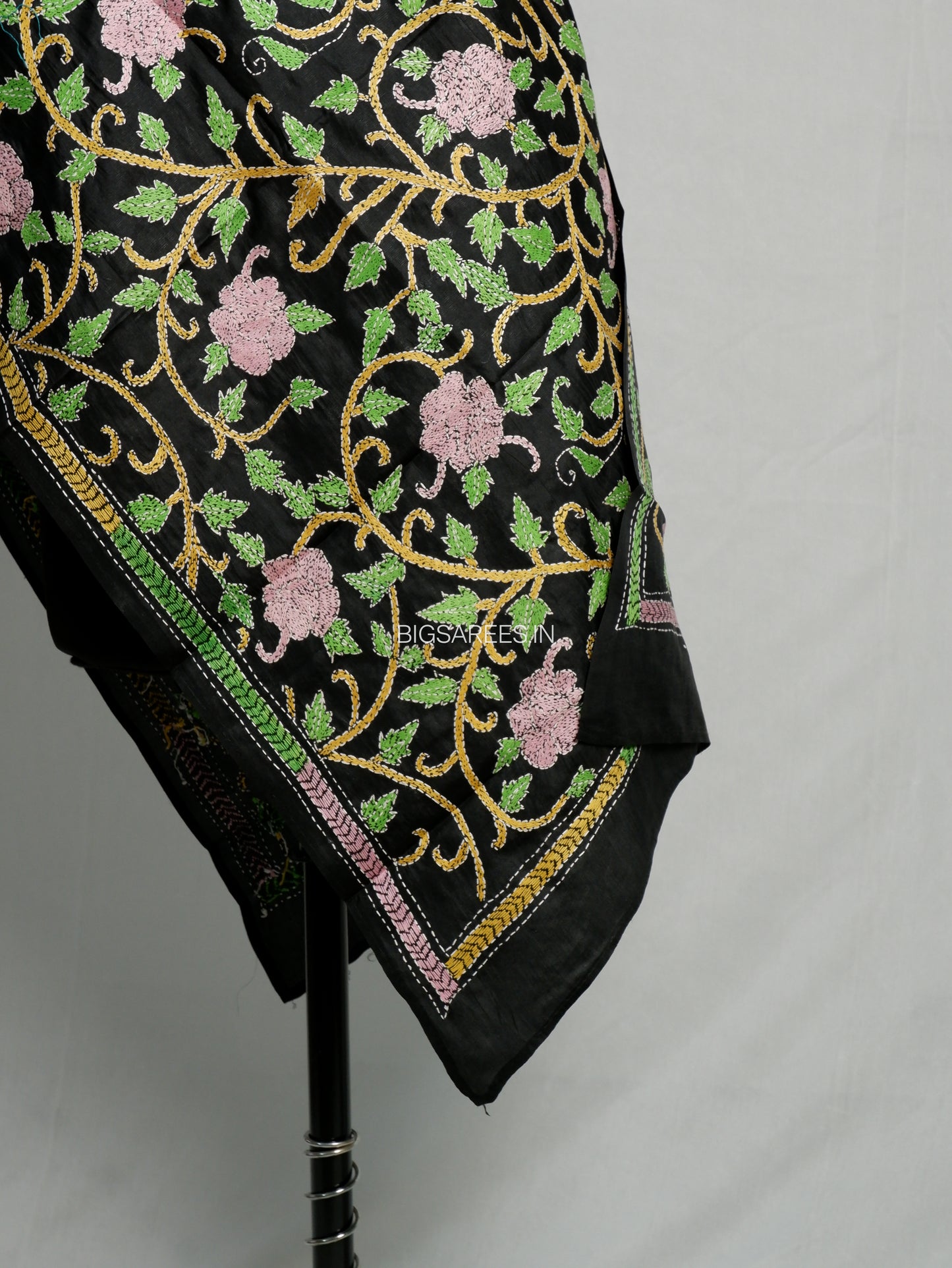 Kantha Pure Silk Stole | Black  | 22" |