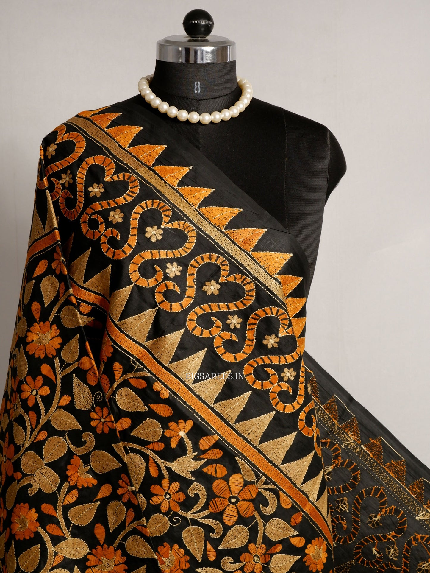 Kantha Hand-Embroidered Dupatta | Pure Bangalore Silk | Full Work | Silk Marked | Black