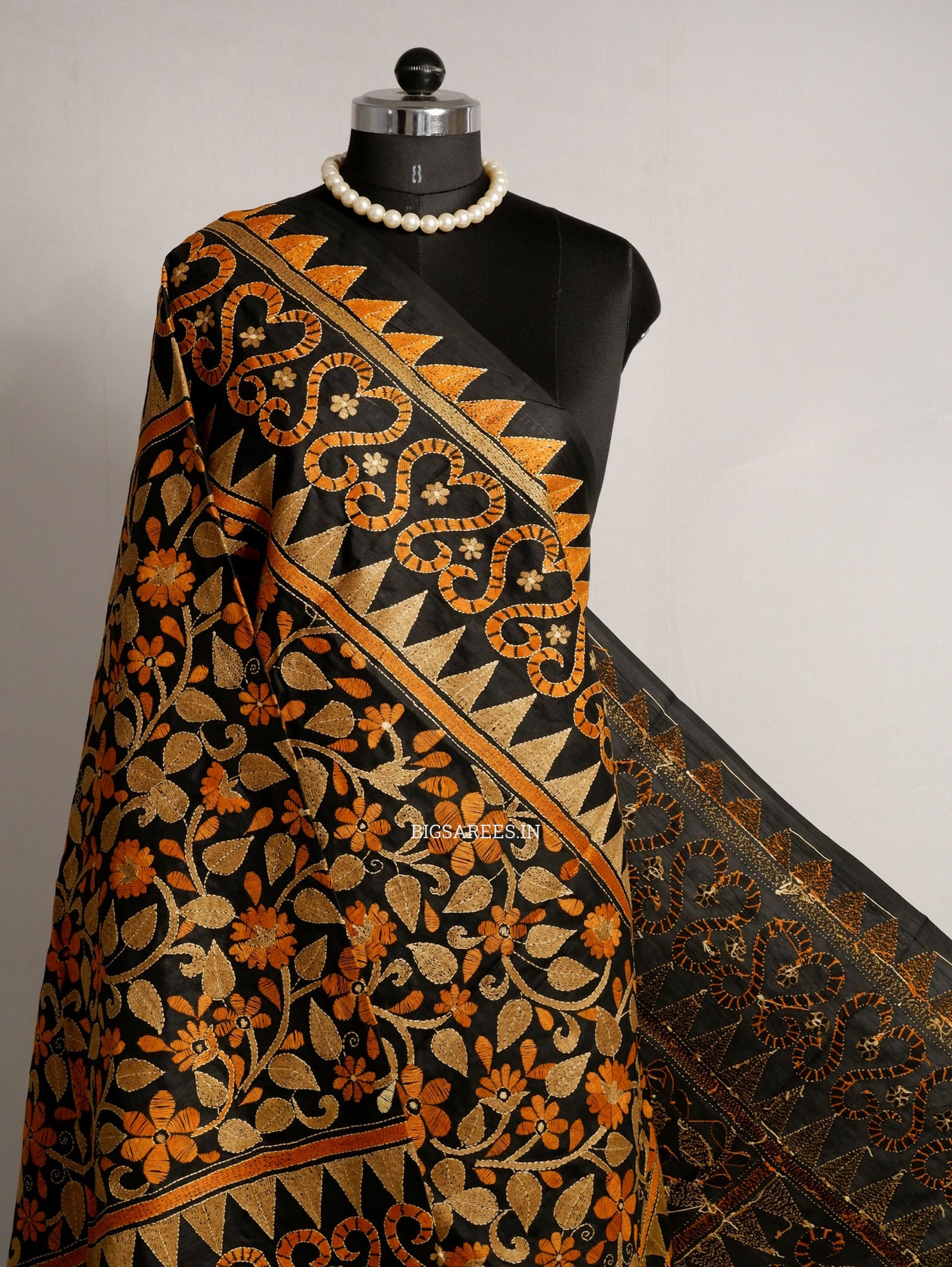 Kantha Hand-Embroidered Dupatta | Pure Bangalore Silk | Full Work | Silk Marked | Black