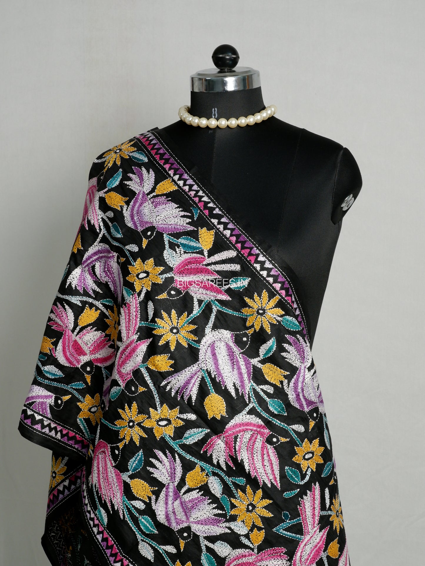 Kantha Pure Silk Stole | Black  | 22" |