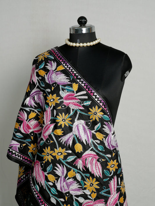 Kantha Pure Silk Stole | Black  | 22" |