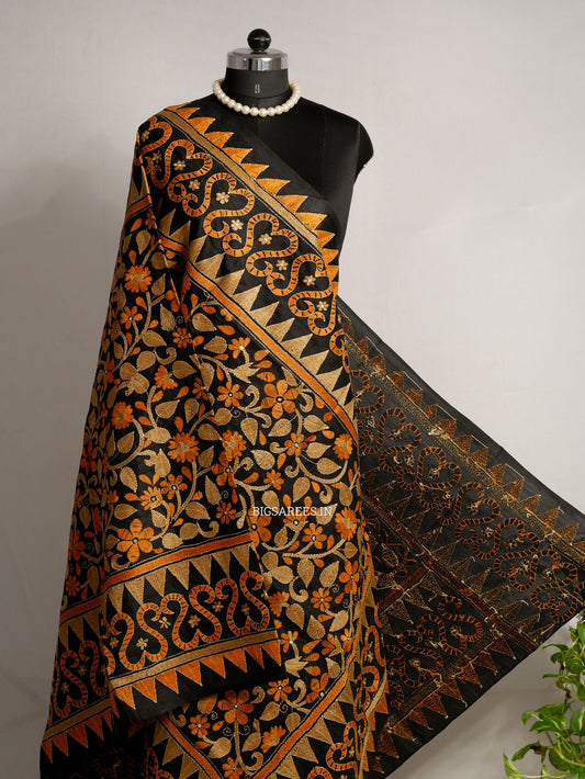Kantha Hand-Embroidered Dupatta | Pure Bangalore Silk | Full Work | Silk Marked | Black