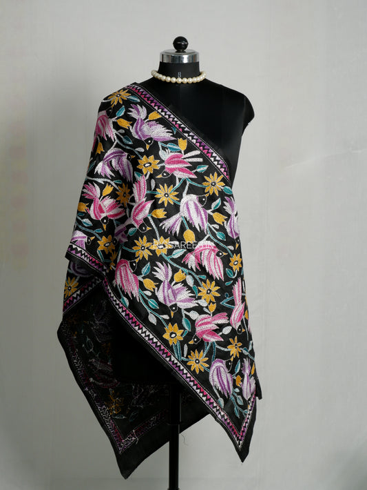 Kantha Pure Silk Stole | Black  | 22" |