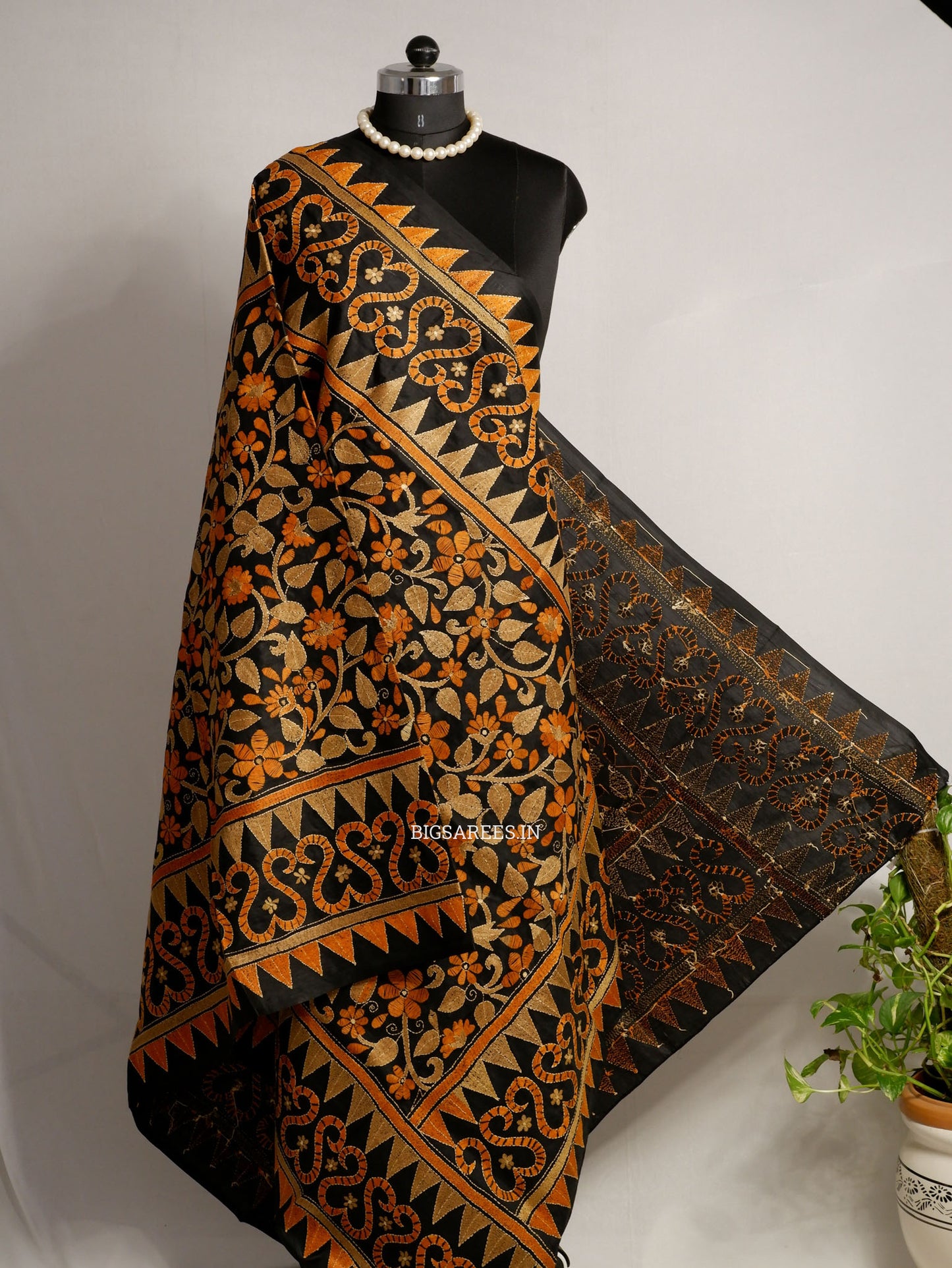 Kantha Hand-Embroidered Dupatta | Pure Bangalore Silk | Full Work | Silk Marked | Black