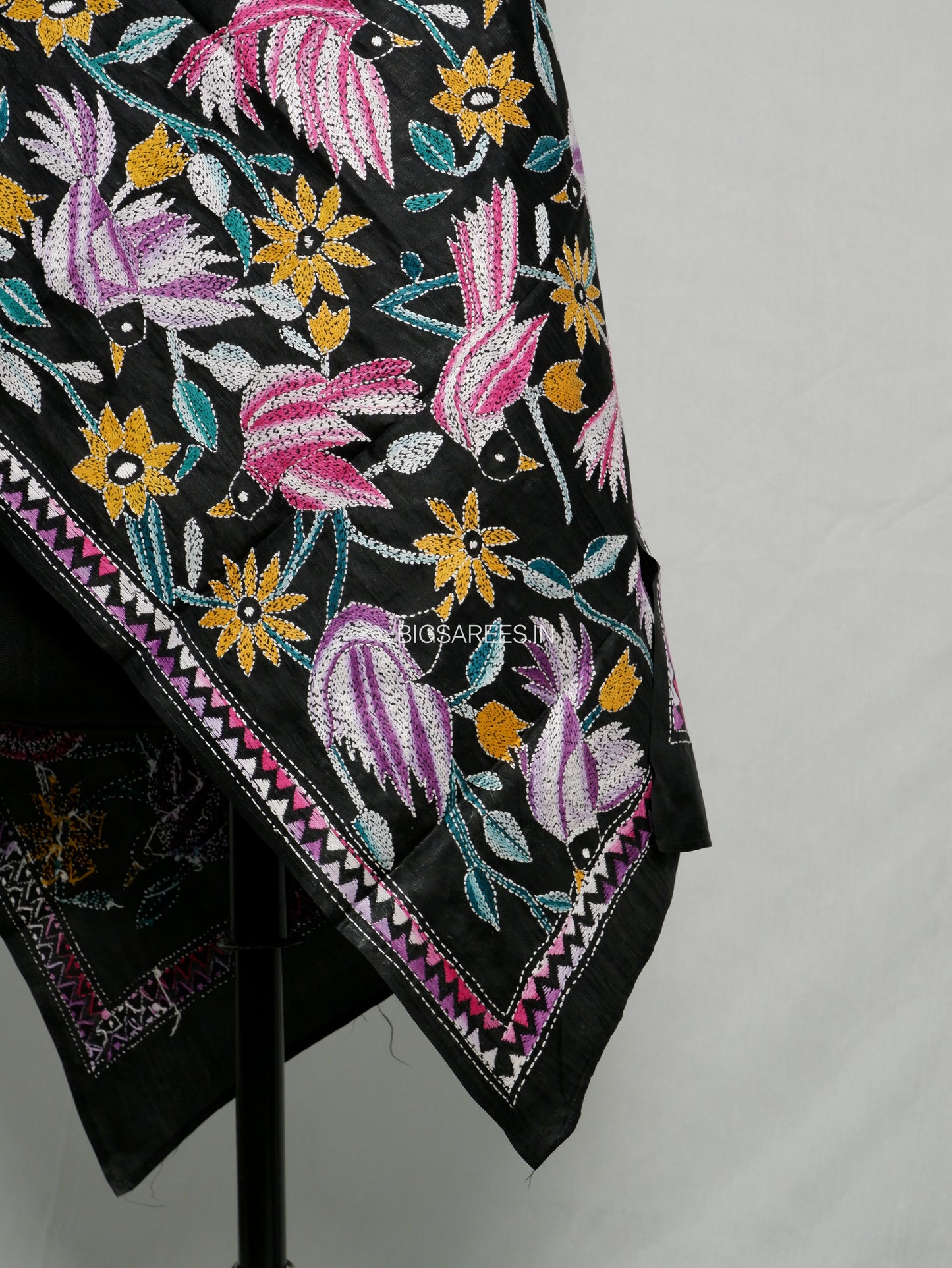 Kantha Pure Silk Stole | Black  | 22" |