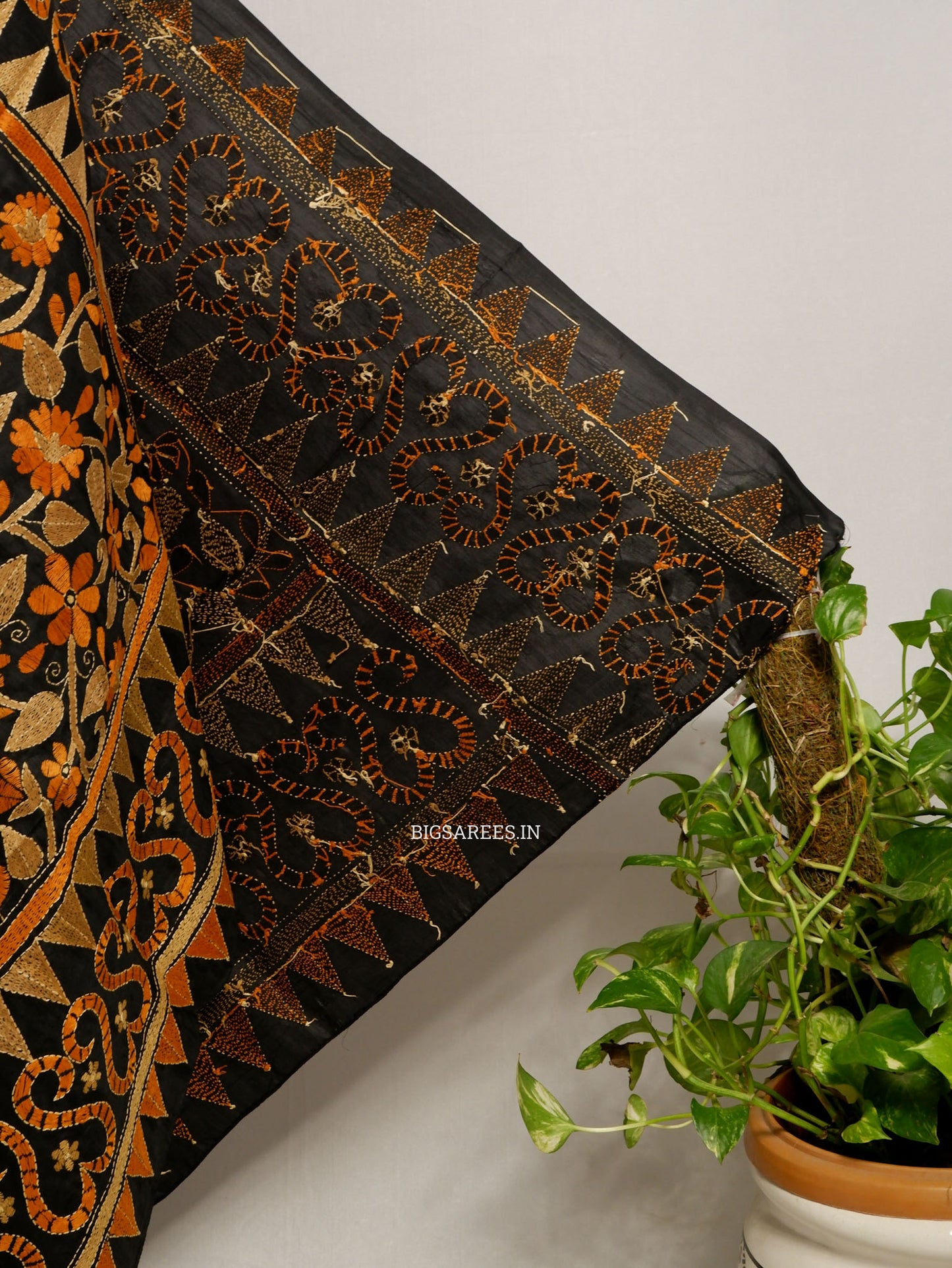 Kantha Hand-Embroidered Dupatta | Pure Bangalore Silk | Full Work | Silk Marked | Black